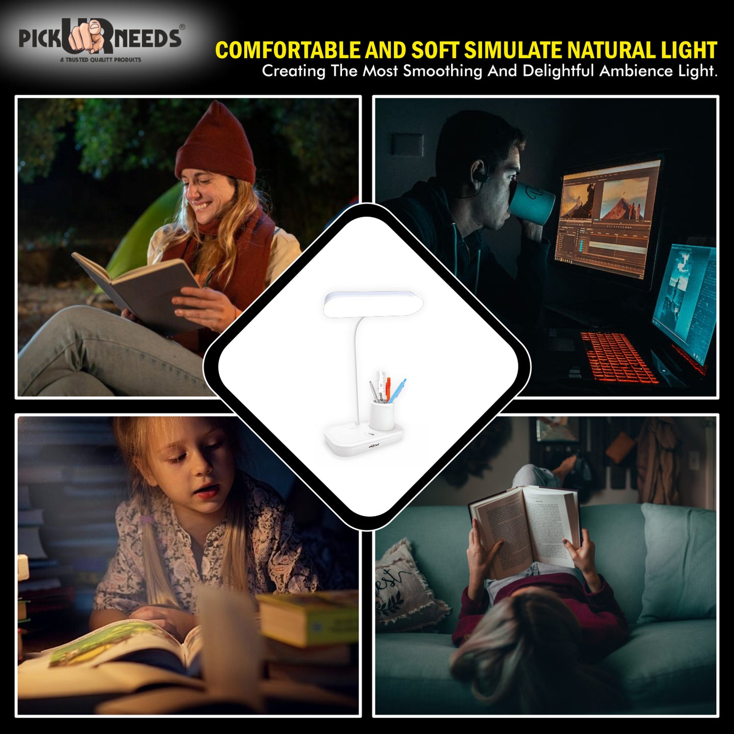 Pick Ur Needs LED Rechargeable Table Study Desk Lamp Reading Light with 3 Mode Dimming with Pen Holder, Phone Stand & USB Power